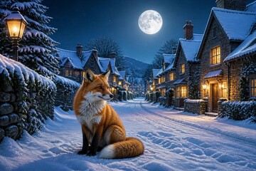Fototapeta premium Red fox sitting on snowy village lane under full moon