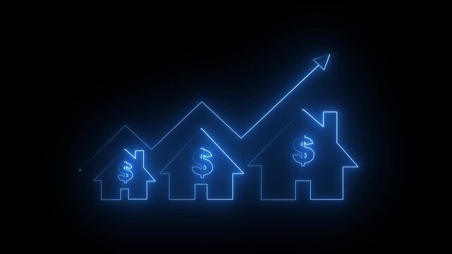Home icon house sign neon lights animation with up arrow Dollar increase. Neon line of Dollar sign with up arrow inside house icon on black background, 4k animation video,,,, 