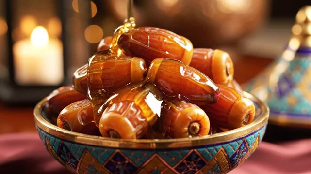 Bowl of dried dates during traditional festive dinner.