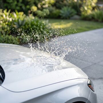 A dynamic water droplet splash forms a crown shape on a glossy white car hood in a sunny garden driveway setting.
