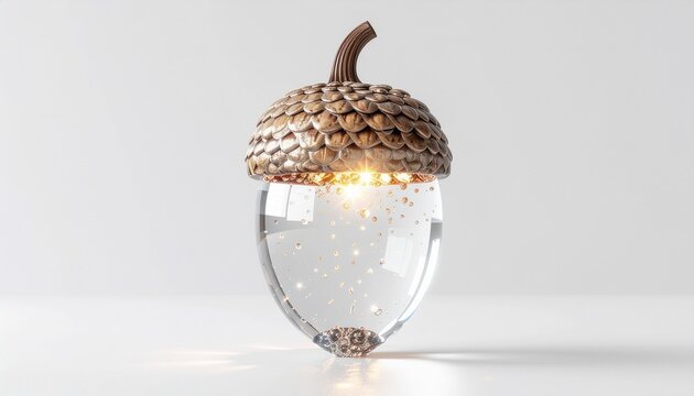 A glowing ultra-realistic crystal acorn with growth particles sits isolated on a seamless white surface.
