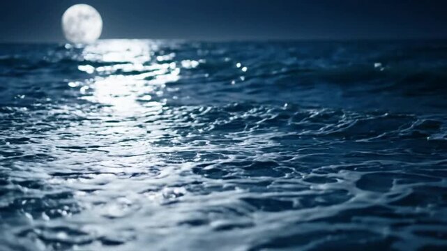 Full moon reflecting on dark ocean waves at night, serene sea surface with moonlight glow, cinematic nighttime seascape background