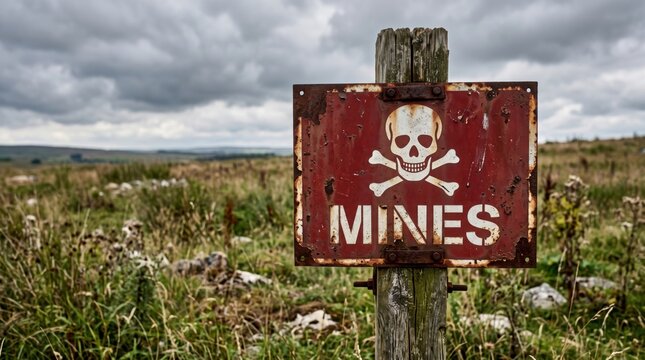 Old rusty land mines warning sign in a rural field under dramatic storm clouds. Explosive hazard, restricted area, military danger, safety, conflict zone, and risk awareness concept