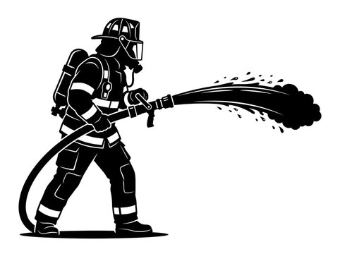 Firefighter spraying water from hose vector illustration silhouette on white background