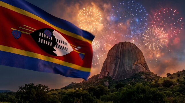 National flag of Eswatini waving over Sibebe Rock with colorful fireworks in night sky background