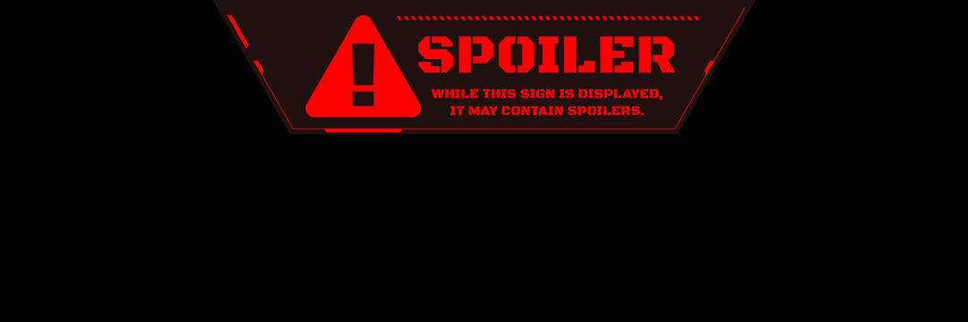 Futuristic red spoiler warning sign with alert icon on black background for gaming UI and video streaming content.