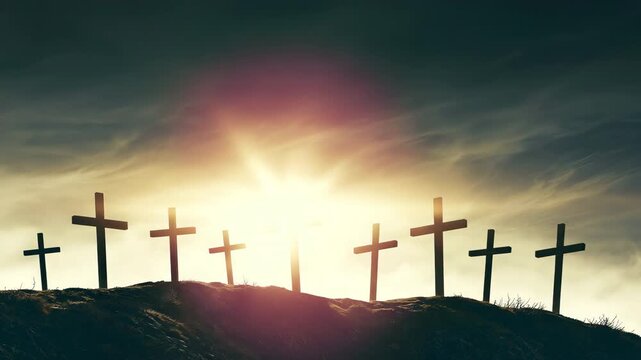 Seven Crosses Silhouette at Sunrise, symbolizes faith, sacrifice, redemption, hope, and the spiritual significance of Easter and the crucifixion of Jesus Christ.