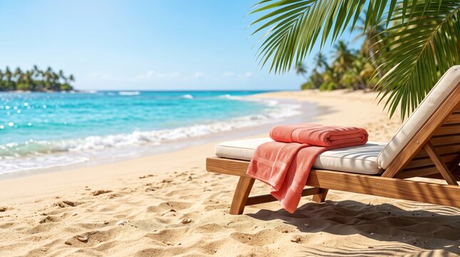 Luxury sun lounger with towel on a tropical beach. Summer vacation, seaside relaxation, travel destination, beach resort, ocean escape, and holiday tourism concept. Summer background