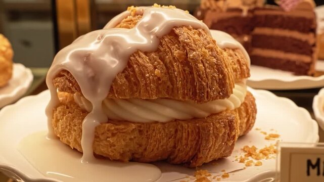 Close up of a fresh cronut with dripping white glaze and cream filling in a bakery display