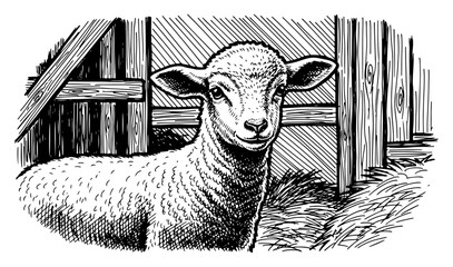Lamb portrait inside a wooden barn in vintage engraving style © Anna