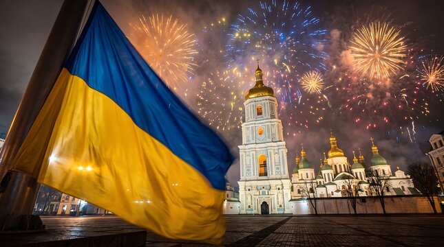 Ukrainian flag foreground with Saint Sophia Cathedral under colorful fireworks display at night in Kyiv square