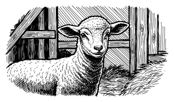 Lamb portrait inside a wooden barn in vintage engraving style