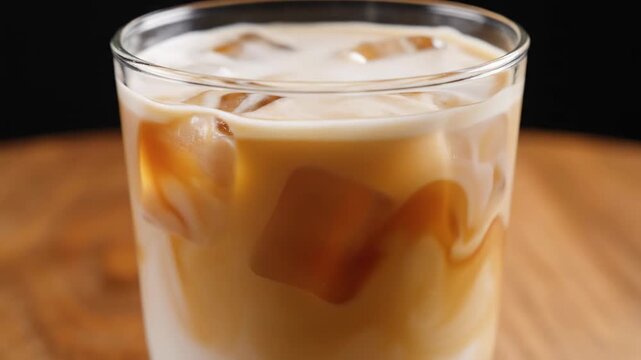 Close-up of milk being poured into iced coffee, creating creamy swirls and a marbled effect, refreshing beverage