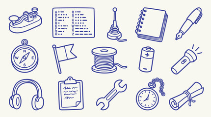 Collection of vintage communication and exploration tools, hand-drawn icons on a textured background. © zainab