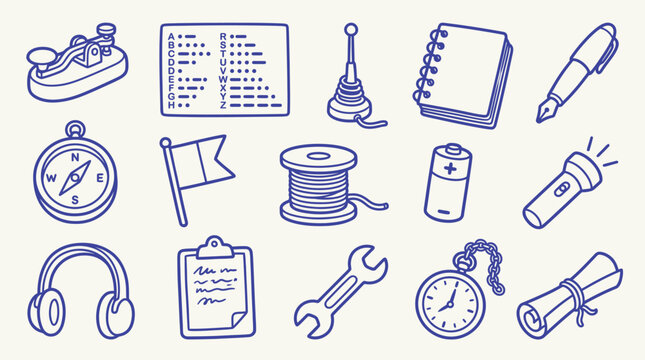 Collection of vintage communication and exploration tools, hand-drawn icons on a textured background.