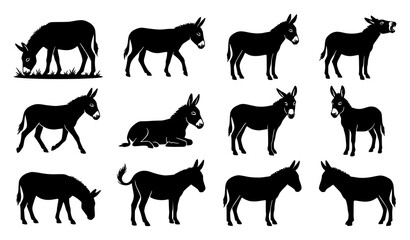 Obraz premium Donkey Silhouette Vector Set with Grazing Walking Standing and Braying Farm Animal Poses