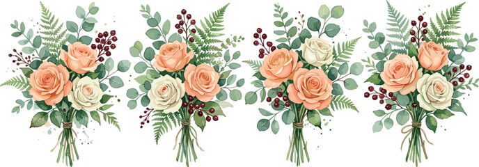 Watercolor vector botanical illustration set of four elegant peach rose flower bouquets with eucalyptus fern leaves and berries isolated on white background © Md