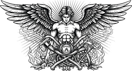 Fototapeta premium Guardian Angel with Spread Wings, Firefighter Helmet, Crossed Fire Axes, Fire Hose and Rescue Equipment, Detailed Black and White Engraving Tattoo Style Illustration Isolated on White Background