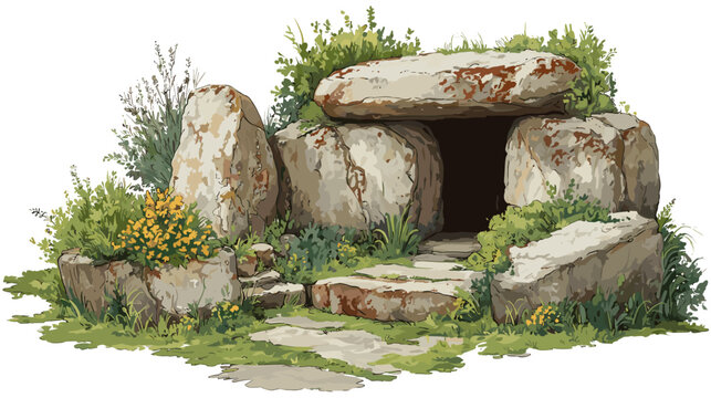 Ancient Megalithic Dolmen Tomb Entrance Surrounded by Greenery and Yellow Flowers