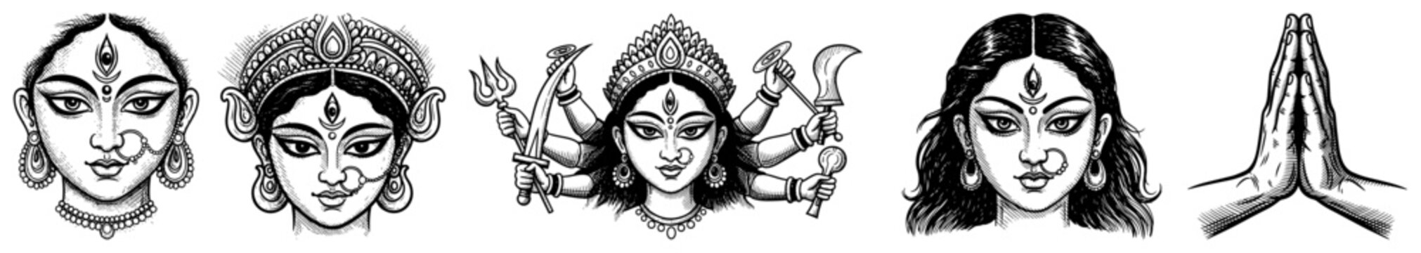 Goddess Durga faces and namaste prayer hands in traditional engraving style