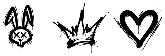 Graffiti bunny crown and heart icons with paint drips in street art style © Anna