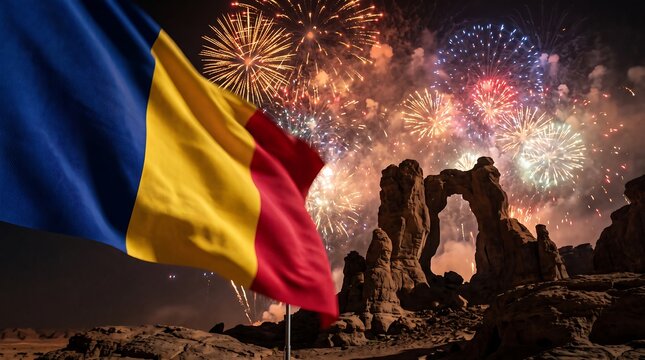 Waving national flag of Chad with vibrant fireworks over natural desert rock arch at night