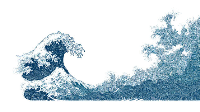 Stylized Japanese Wave Illustration in Blue and White