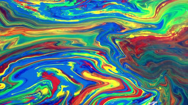 vibrant abstract painting features swirling, fluid patterns in rich colors. The bold, dynamic strokes create a sense of movement. The artwork, evokes a sense of energy and fluidity.
