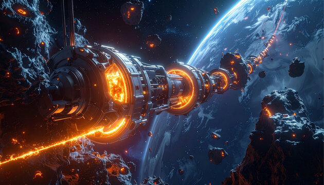 Futuristic space station extracting resources from asteroids near a blue planet.