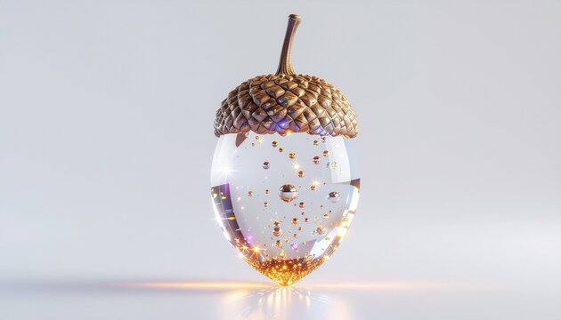 A crystal acorn with glowing growth particles is isolated on a seamless surface.