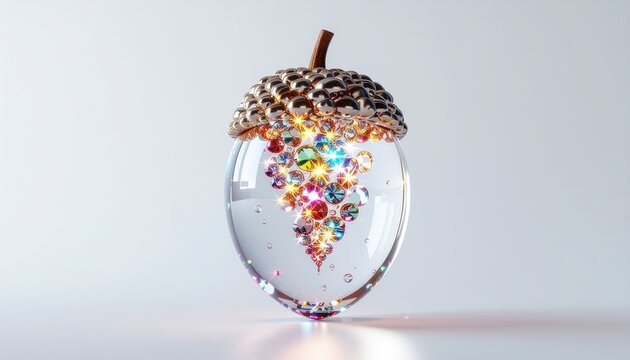 Ultra-realistic crystal acorn with glowing growth particles isolated
