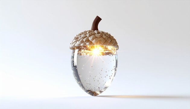 A glowing crystal acorn with growth particles is isolated on a seamless white background.