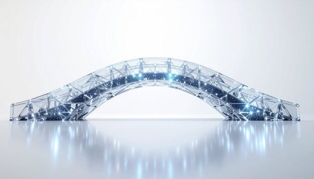 A crystal bridge with floating luminous connection particles is isolated on a surface