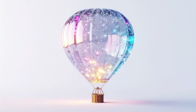 A glowing crystal hot air balloon floats gently in the air with floating particles.