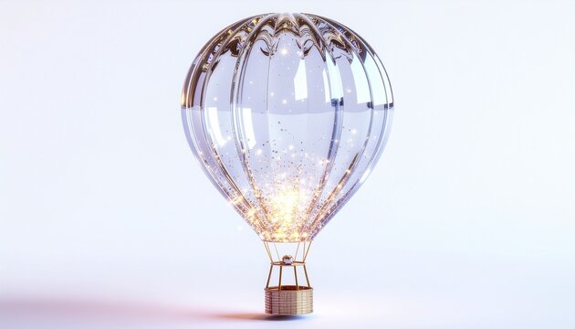 A glowing hot air balloon floats with crystal clear and ultra realistic details.