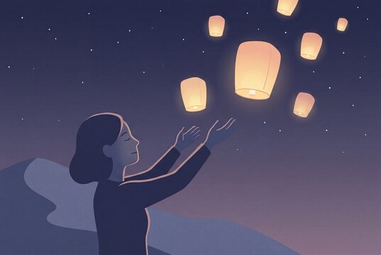 Letting go concept with person releasing glowing lanterns into night sky