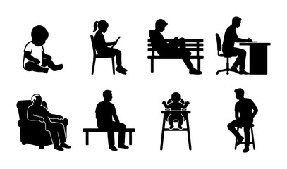 Fototapeta premium Diverse Human Silhouettes Collection, Seated Figures Set, People Poses Vector Icons for Lifestyle & Business Graphics