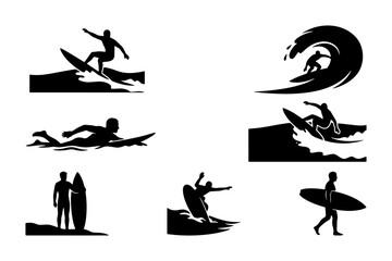 Obraz premium Surfing Silhouettes Vector Pack: Dynamic Ocean Sports Action, Beach Lifestyle Graphics, Water Wave Riders, Athletic Surfers, Summer Activities
