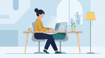 Fototapeta premium Young woman working remotely on laptop at desk in comfortable home office