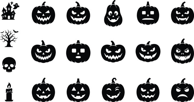 Halloween Pumpkin Face Set with Haunted House, Tree, Skull, and Candle Icons in Solid Black Silhouette Sticker Style