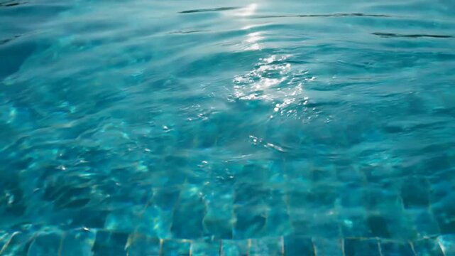 Sparkling blue swimming pool water surface with gentle ripples and sun reflections for summer background, and relaxation concepts