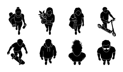Top View Silhouette Icons: Diverse People with Skateboards, Scooters, Plants, and Bags, Modern Lifestyle Vector Set © Sajin