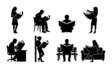Diverse Silhouettes of People Reading Books, Vector Icons Set for Education, Knowledge, and Leisure Activities