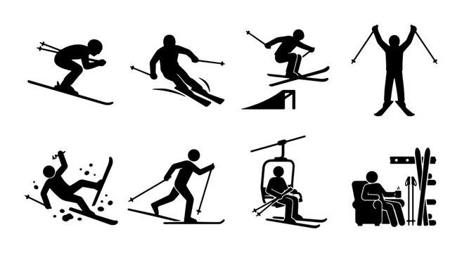 Skiing Icon Set, Winter Sports Silhouette Collection, Action Poses Vector Graphics, Snowboarding and Ski Lift Graphics for Active Lifestyle Design