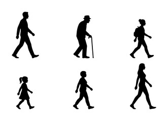 Obraz premium Diverse Human Silhouettes Collection, Walking Figures Vector Set, People Icons for Mobility and Lifestyle Concepts, Black and White