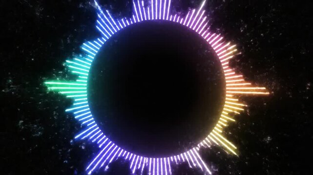 Colorful circular audio spectrum with neon glowing rings reacting to music on black background