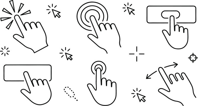 Click clicker cursor pointer icon set vector illustration line art doodle with hand touch button arrow gesture interface