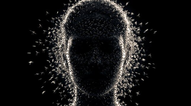 A swarm of mosquitoes against the silhouette of a human head