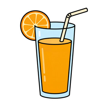 Orange juice in glass with straw and slice colorful vector illustration on transparent background