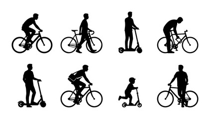 Naklejka premium Silhouette Set: Cyclists and Scooter Riders in Motion, Urban Commute and Recreation Vector Icons